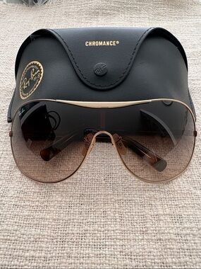 RAY-BAN RB3455L 001/13 Gold Brown Havana Shield Monolens Sunglasses